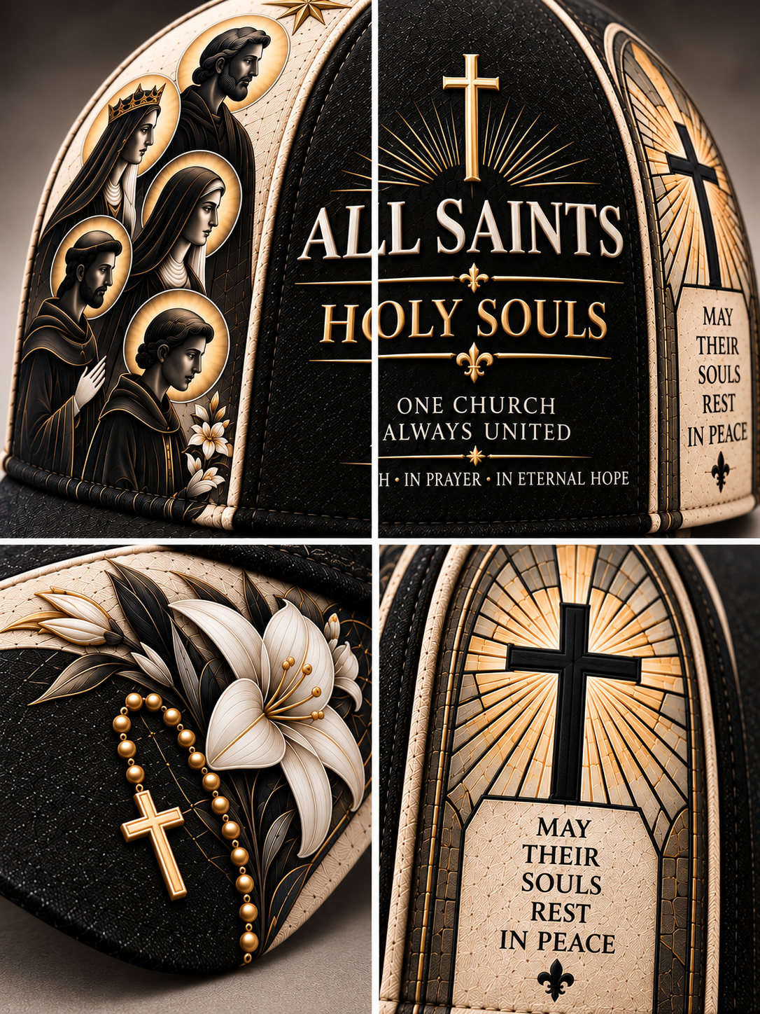 A four-panel close-up collage of a decorative black and beige religious hat or cap, showing printed artwork of saints, a cross, floral motifs, a rosary, and the text 'ALL SAINTS HOLY SOULS' and 'MAY THEIR SOULS REST IN PEACE.'.