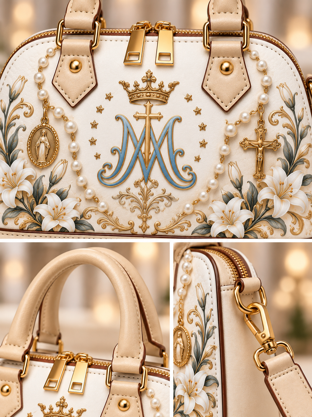 A cream-colored structured handbag with gold-tone hardware, featuring a central blue and gold monogram 'M' under a crown, surrounded by white lilies, gold stars, and pearl bead details.
