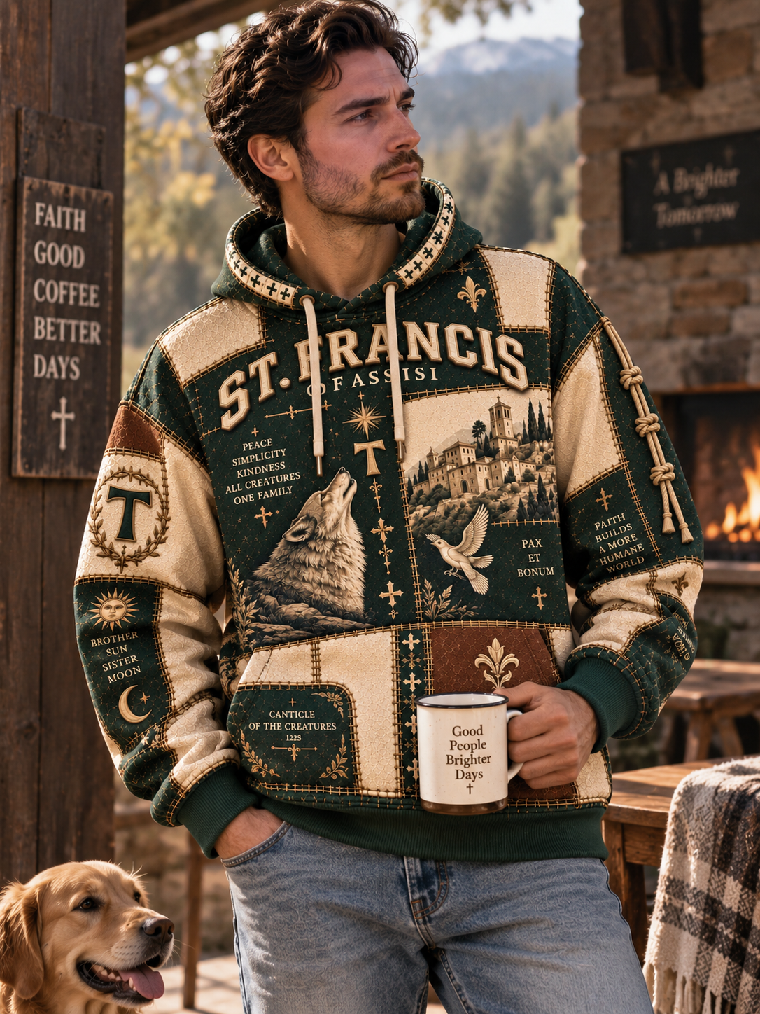 A hooded sweatshirt with an intricate patchwork design featuring dark green, beige, and brown panels, with religious and historical motifs including a wolf, a dove, fleur-de-lis, and the text 'ST. FRANCIS OF ASSISI'.