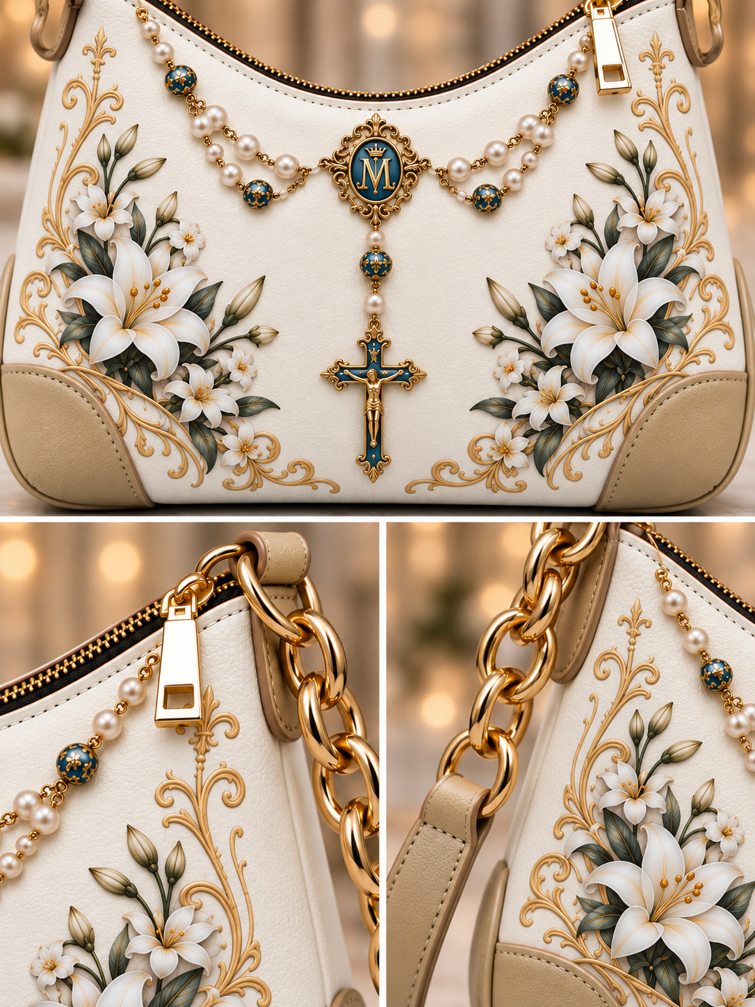 Close-up collage of a luxury handbag featuring white lilies with green leaves, gold baroque-style floral scrollwork, a gold chain strap, pearl bead detailing, and a central gold cross pendant with blue accents.
