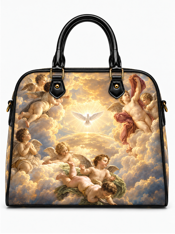 A structured handbag with black leather handles and trim, featuring a large classical painting print of cherubs and a dove in the clouds on the front. The bag is shown against a plain white background.