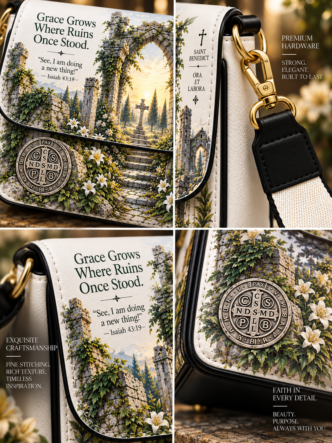A four-panel close-up collage of a handbag with a cream and black leather body, black strap, and a large printed scenic artwork on the flap and side panel. The artwork shows a stone pathway through ruins with white flowers, a cross, and a circular medallion reading 'GRACE IS SUFFICIENT.