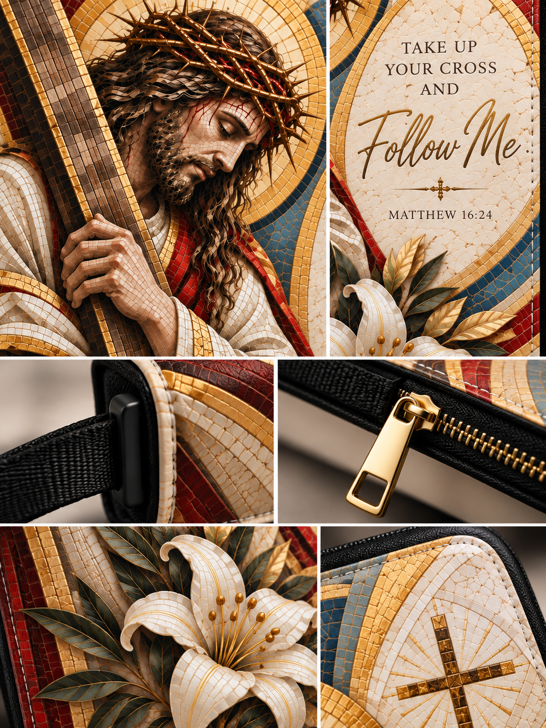 A collage showing a religious zip pouch or wallet with a mosaic-style print. The print features Jesus carrying the cross, a lily flower, a gold cross, and the text 'TAKE UP YOUR CROSS AND Follow Me MATTHEW 16-24'.