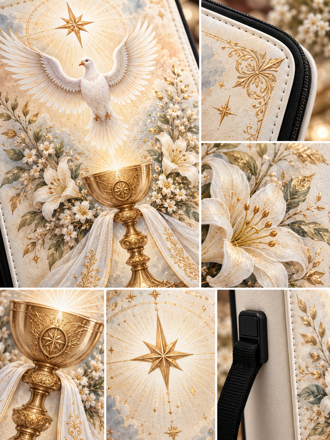A collage of close-up views showing a cream-colored fabric accessory with ornate gold-toned religious artwork, including a dove, chalice, lilies, stars, and floral details. A black strap or zipper trim is also visible in some panels.