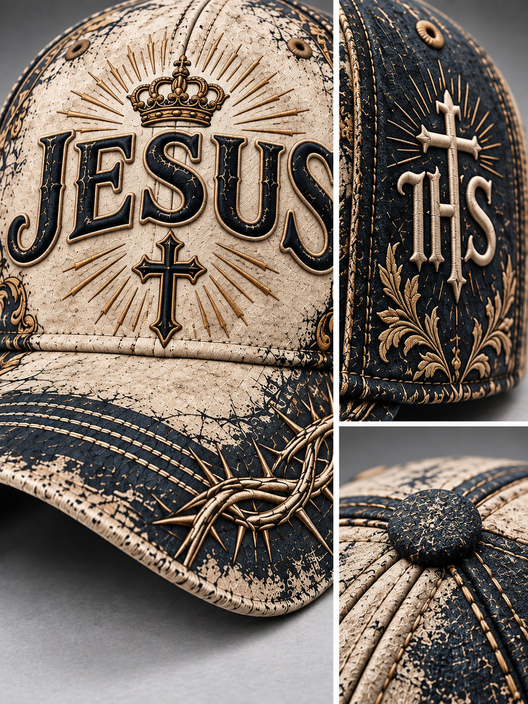 A distressed baseball cap shown in a three-panel collage. The cap features a cream and black weathered design with raised religious graphics, including the word 'JESUS' under a crown, the IHS monogram, and a crown of thorns on the brim.