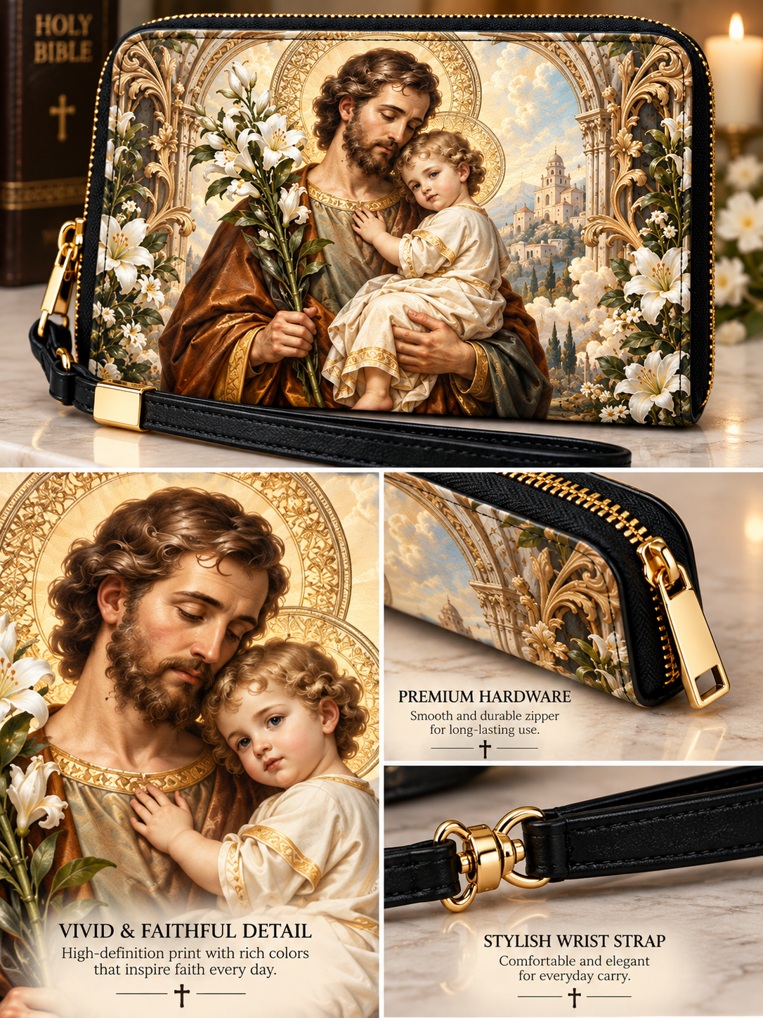 A black wristlet clutch with a gold zipper and a black wrist strap, featuring a detailed religious print of Jesus holding the child. The image is a multi-panel collage showing the product from the front, close-ups of the print and hardware, and feature callouts.