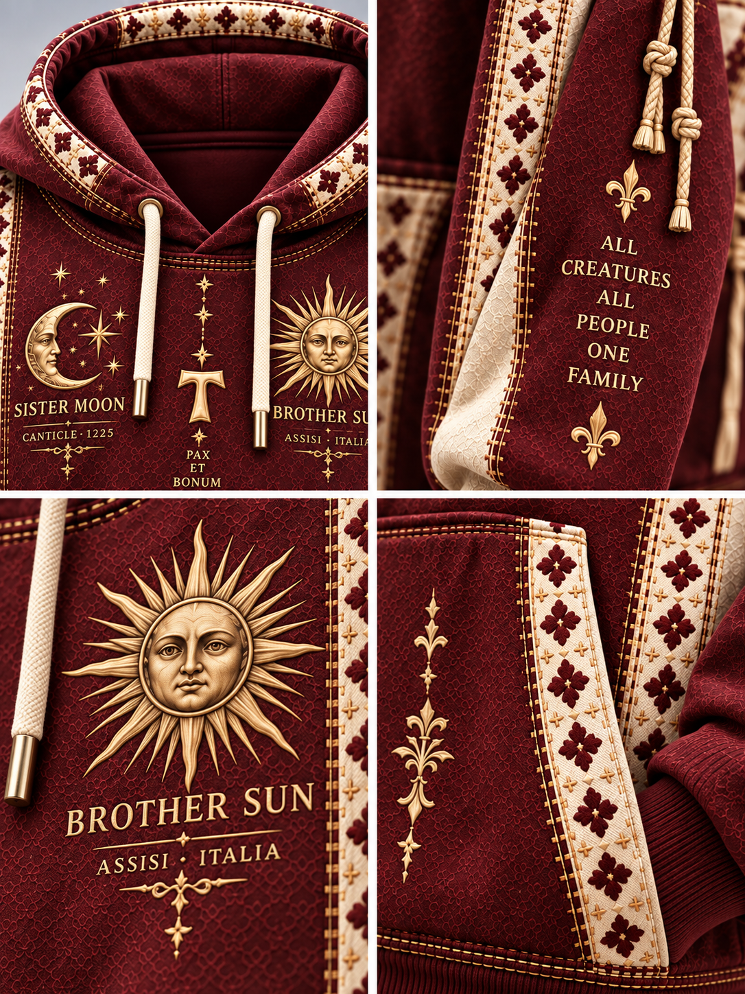 A four-panel close-up collage of a maroon hooded sweatshirt with ornate gold and cream embroidery. The hood features a moon and sun motif with the text 'SISTER MOON' and 'BROTHER SUN'.