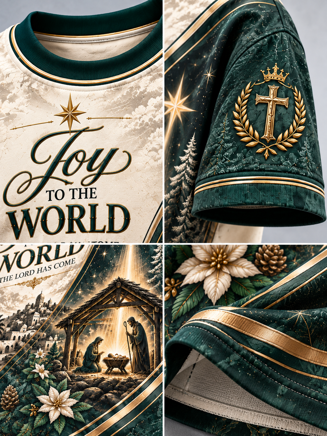 A Christmas-themed long-sleeve t-shirt shown in a four-panel detail collage. The shirt features a cream-colored body with dark green ribbed collar and cuffs, decorated with gold trim.