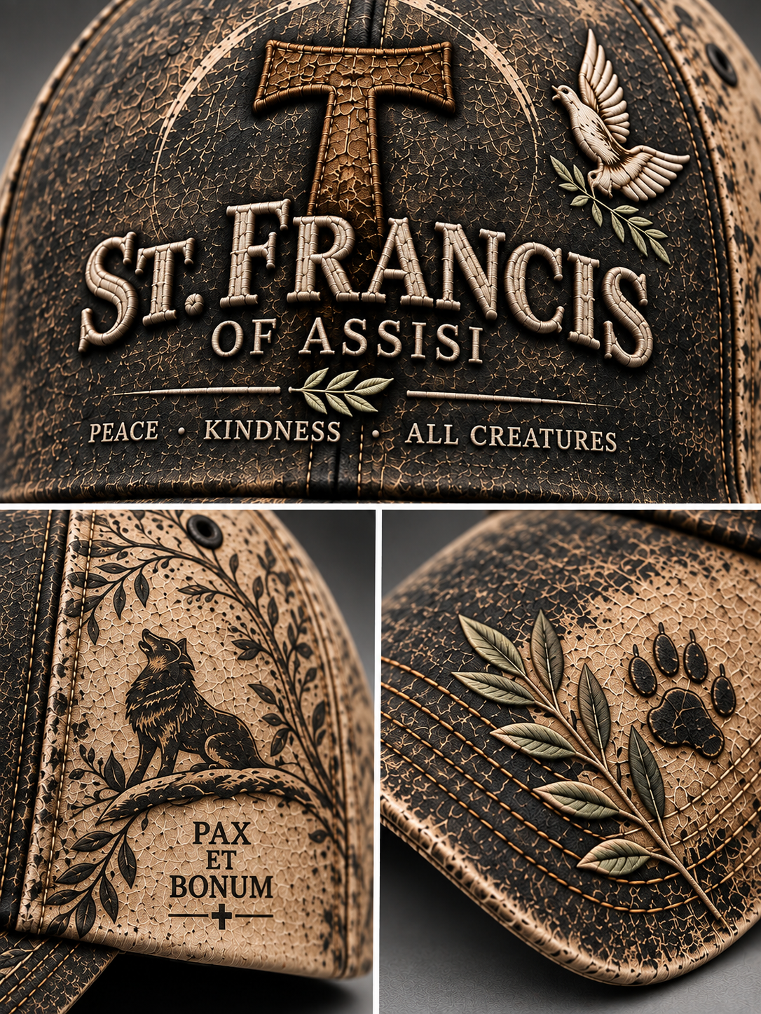 A distressed brown and black baseball cap shown in three close-up views. The front view features raised text reading 'St.