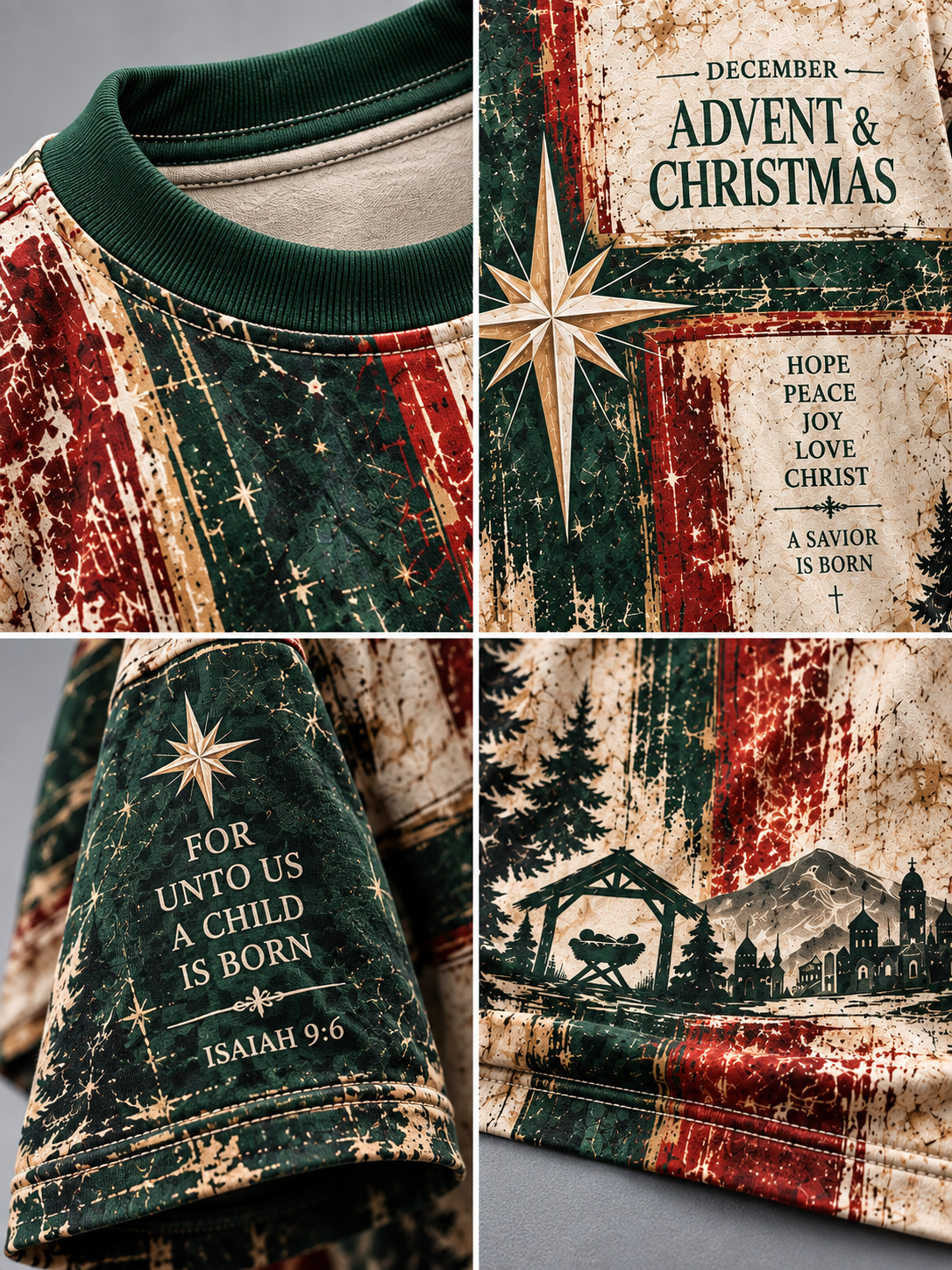 A four-panel close-up collage of a Christmas-themed long-sleeve shirt showing the collar, front graphic, sleeve print, and a nativity scene detail. The shirt has a distressed vintage print in dark green, red, beige, and cream, with text including 'Advent & Christmas,' 'Hope Peace Joy Love Christ,' and 'For unto us a child is born Isaiah 9:6.