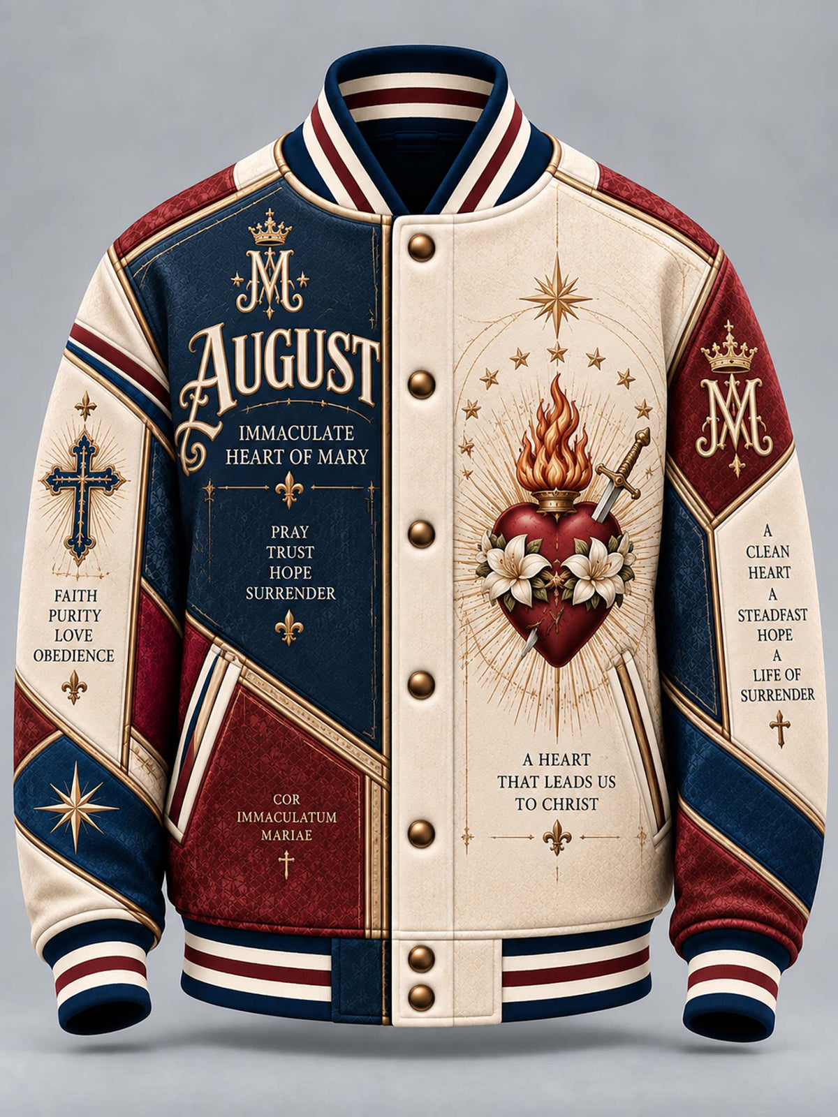 A custom varsity-style jacket with a cream, navy blue, and red color-blocked design, featuring religious and devotional graphics including the Immaculate Heart of Mary, crosses, and inspirational text.