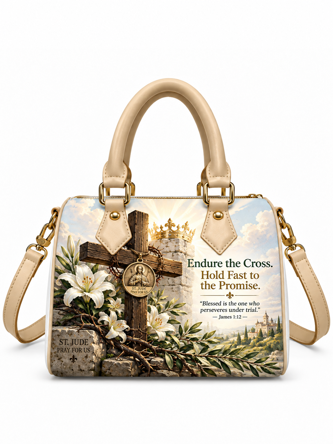 A structured handbag with beige faux-leather handles and trim, featuring a detailed religious graphic print of a wooden cross, white lilies, a gold crown, and scripture text on a white background.