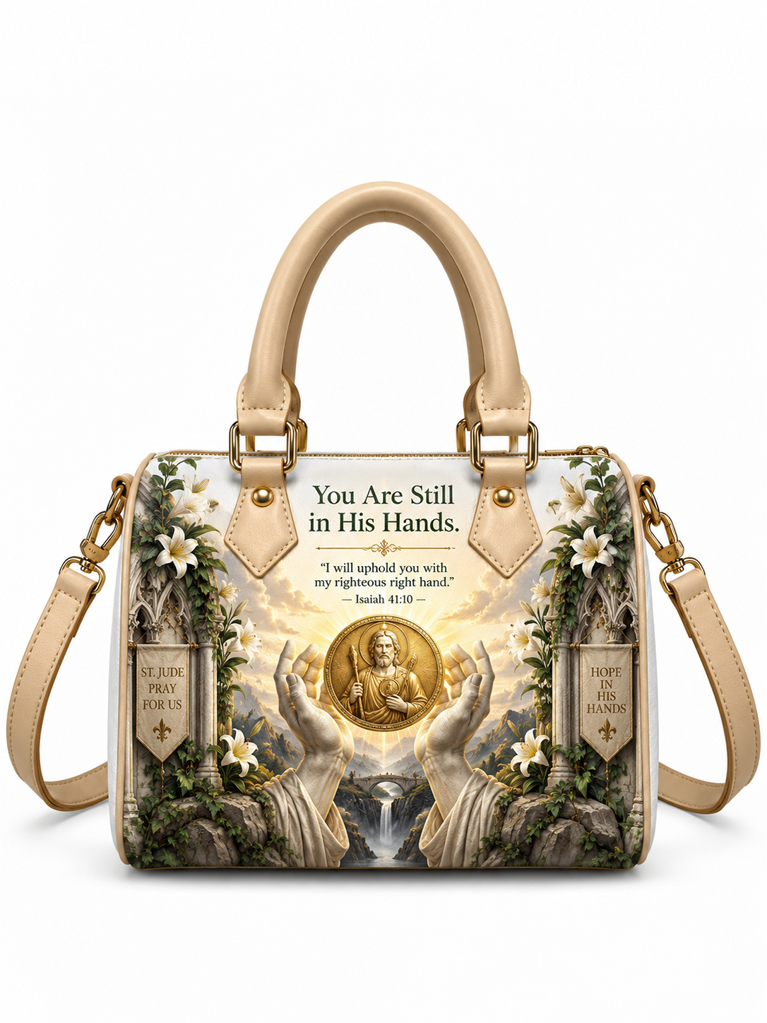 A structured handbag with beige handles and shoulder strap, featuring a detailed religious graphic print with angelic hands, a gold medallion, white flowers, and scripture text on a white background.