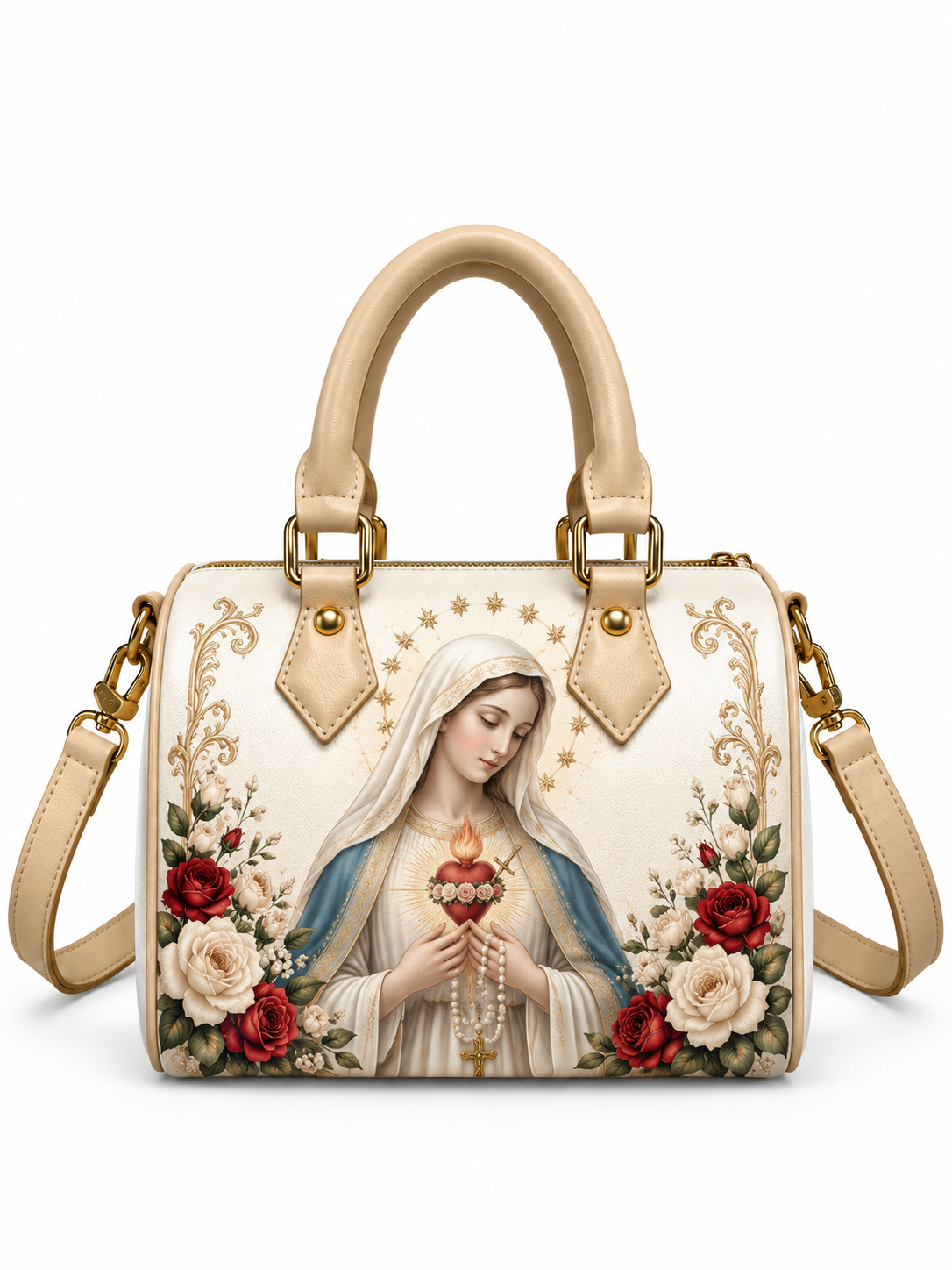 A structured beige handbag with a printed image of the Virgin Mary holding a flaming heart, surrounded by red and white roses and gold decorative borders. The bag has beige leather top handles, a matching shoulder strap, and gold-tone hardware.