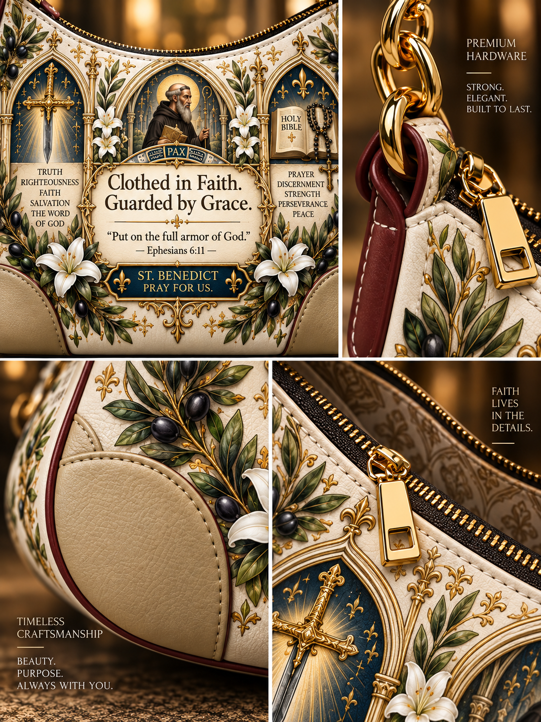 A luxury handbag shown in a four-panel collage with close-up views of its ornate St. Benedict-inspired religious print, gold hardware, chain strap, and zipper details.