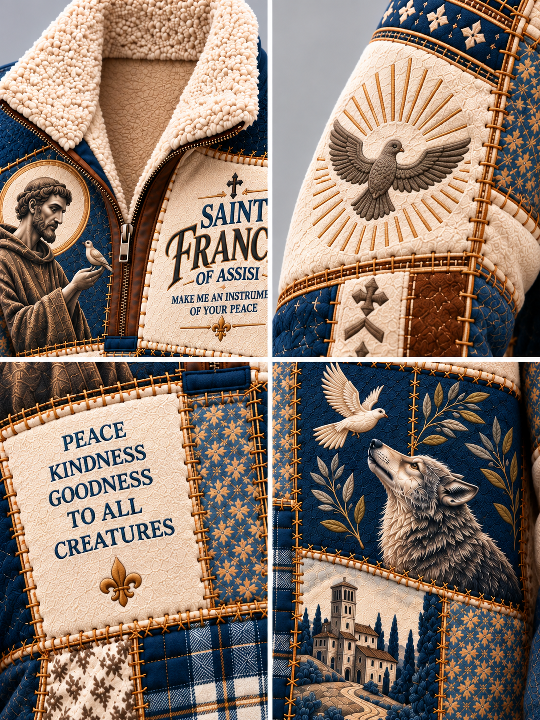 A close-up collage of a patchwork quilted jacket or sweater showing multiple panels: a cream sherpa-lined collar, a Saint Francis of Assisi graphic and embroidered dove motif, a patch reading 'PEACE KINDNESS GOODNESS TO ALL CREATURES,' and a wolf-and-st. clermont scene on a navy quilted fabric with tan stitching.