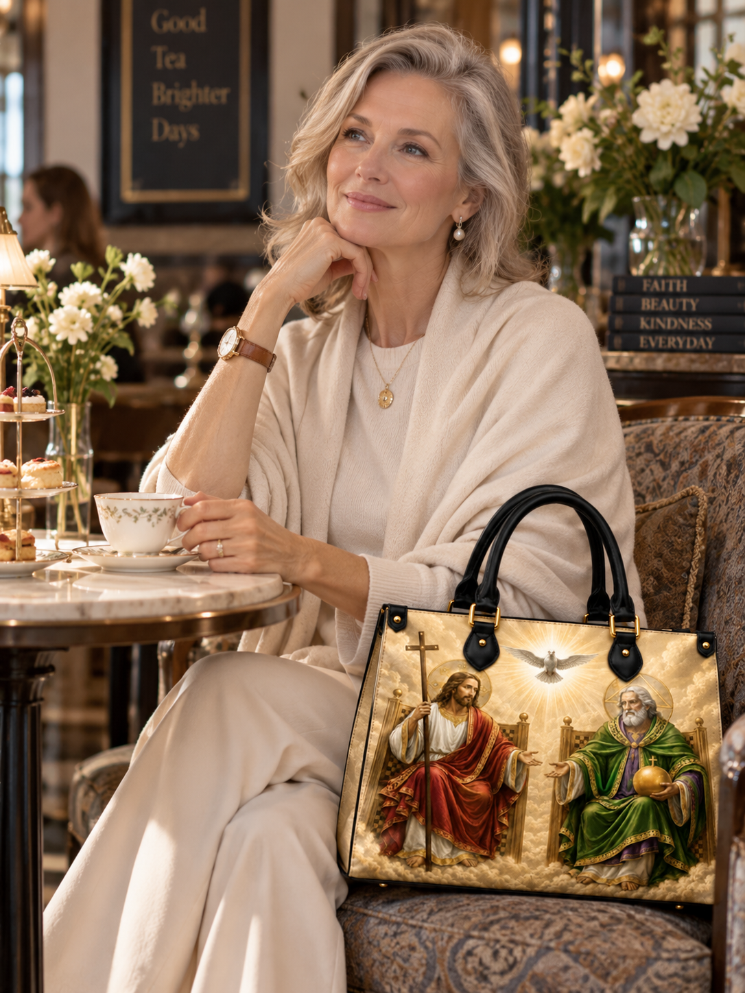 A woman in a cream-colored outfit sits in a cafe setting next to a large, ornate gold handbag decorated with religious figures and a dove.