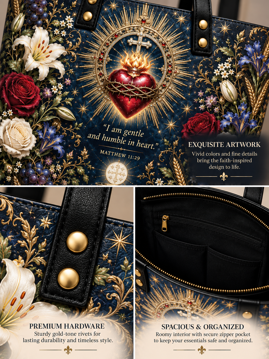A luxury tote bag with an intricate religious and floral design, shown in a three-panel collage. The top panel displays the main front design featuring a red heart, gold crown, and bible verse on a dark blue background.