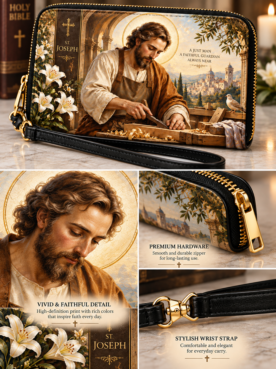 A St. Joseph religious zip pouch with a black wrist strap, featuring a detailed print of the Holy Guardian Nephilim and St.