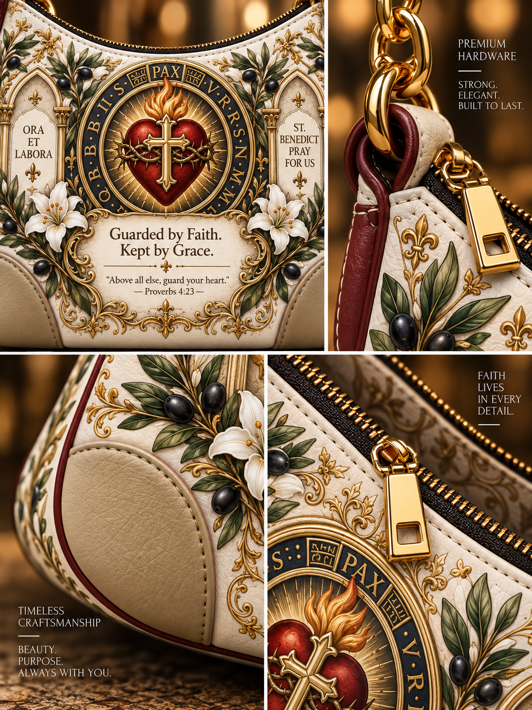 A luxury leather shoulder bag shown in a three-panel collage, featuring ornate gold filigree, white lilies, green leaves, and a central red heart with a cross. The bag includes gold hardware, a cream leather body, and detailed religious and decorative text on the front and side.