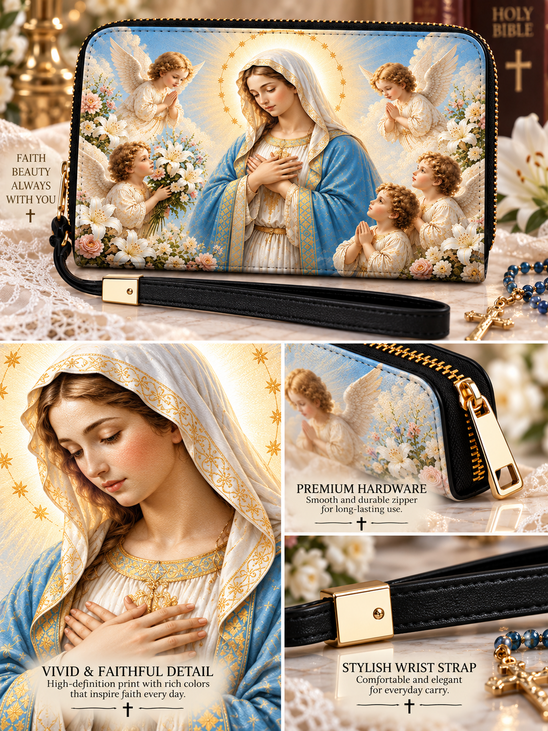 A religious wristlet wallet featuring a detailed print of the Virgin Mary surrounded by angels and flowers, shown in a three-panel collage with close-up views of the black wrist strap and gold zipper hardware.