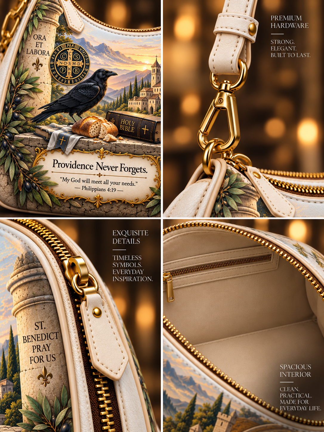 A four-panel product collage showing a structured shoulder bag in multiple views. The bag has an off-white leather exterior with a detailed religious and scenic print featuring a black raven, a stone pillar with 'ST.