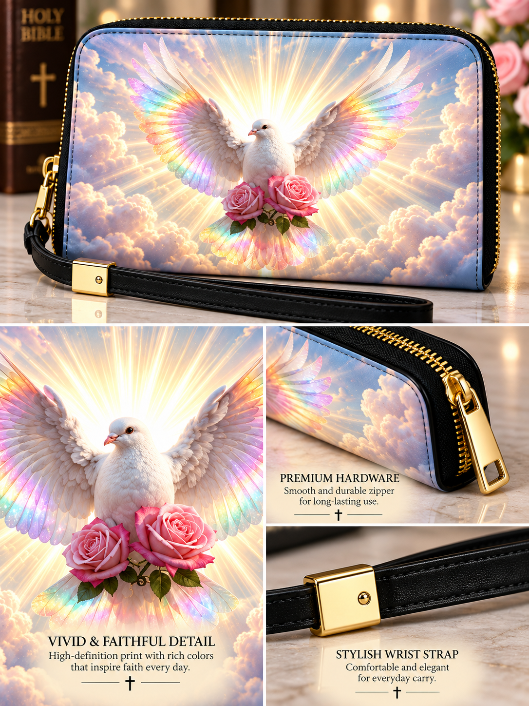 A zip-around wristlet wallet with a black wrist strap and gold-tone hardware, featuring a vivid printed design of a white dove with wings spread holding pink roses among glowing clouds and rainbow light. The collage includes close-up detail shots of the strap hardware and the printed surface, with marketing text overlays.