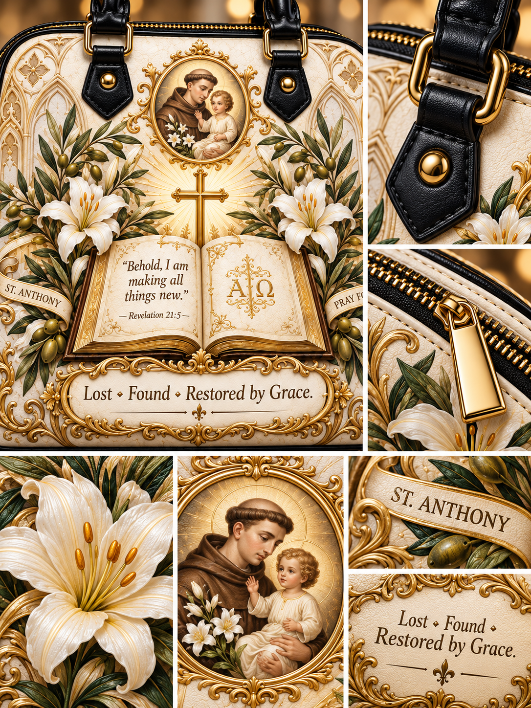 A decorative handbag shown in a collage of close-up detail shots. The bag has an ornate cream and gold design with black leather handles, a large white lily flower, a religious medallion of Saint Anthony, an open Bible with the words 'A.