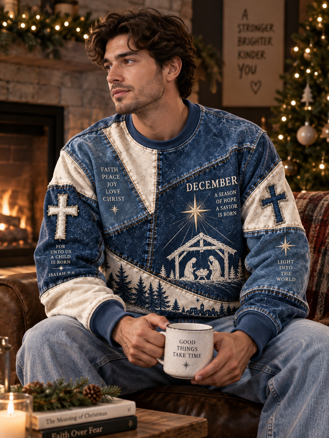 A man wearing a blue and cream Christmas sweater with nativity and scripture graphics, sitting in a cozy living room by a fireplace and holding a mug.