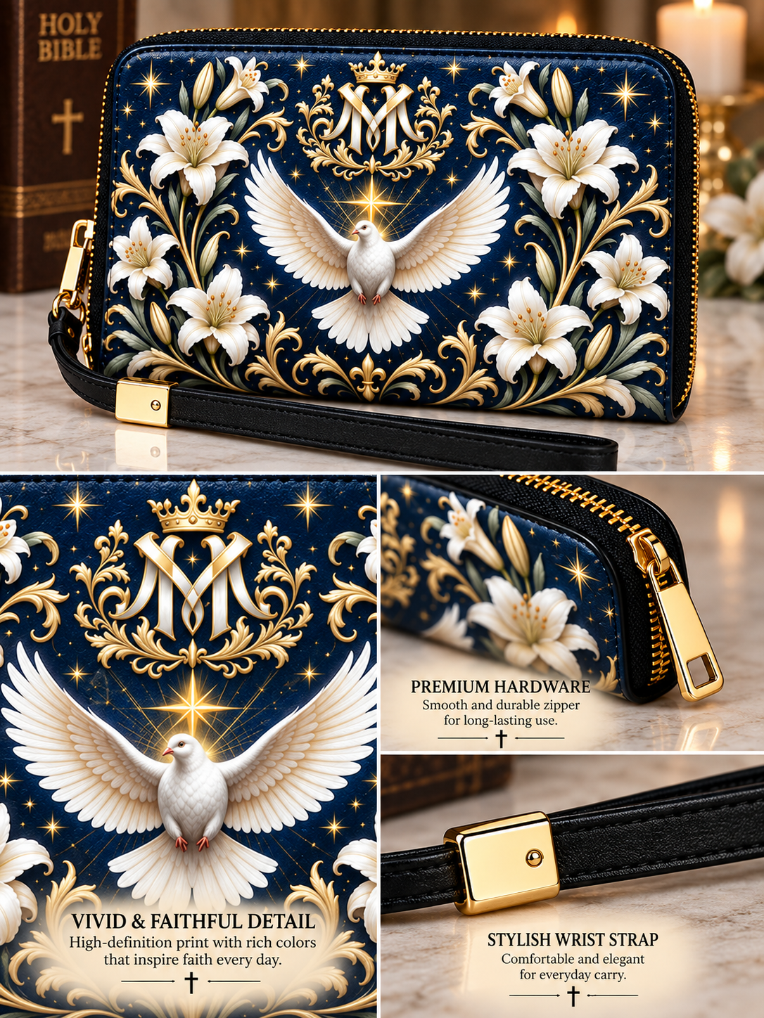 A navy blue zip-around wallet with a black wrist strap, decorated with a large white dove, gold floral scrollwork, stars, and a gold crest with an 'M'. The collage includes close-up detail panels and text callouts about the hardware and strap.