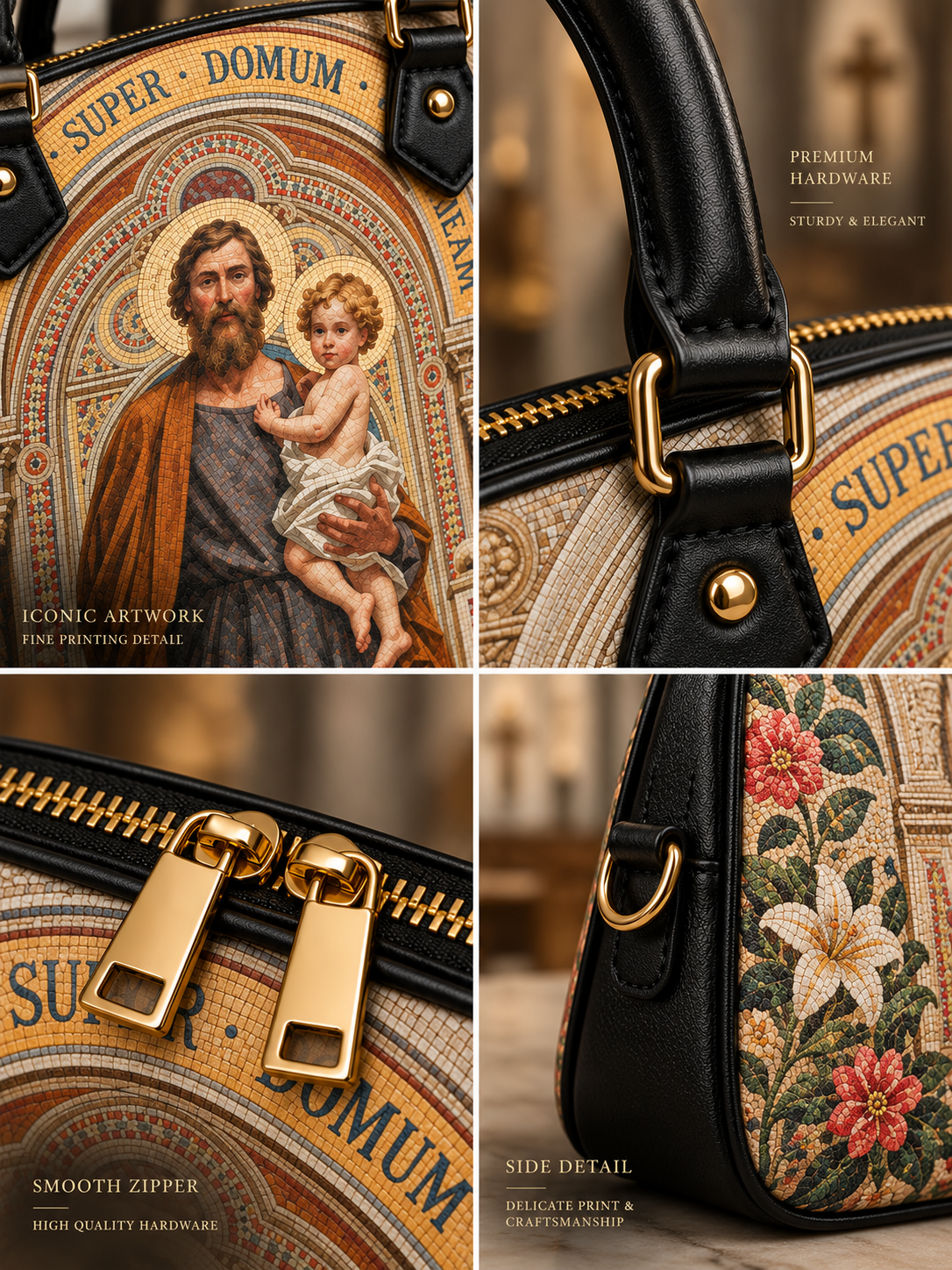 A four-panel close-up collage of a handbag featuring a large religious iconographic print of Jesus and child, black leather trim, gold-tone hardware, and floral embroidery on the side panel. Text overlays highlight details such as the smooth zipper, side detail, premium hardware, and iconic artwork.