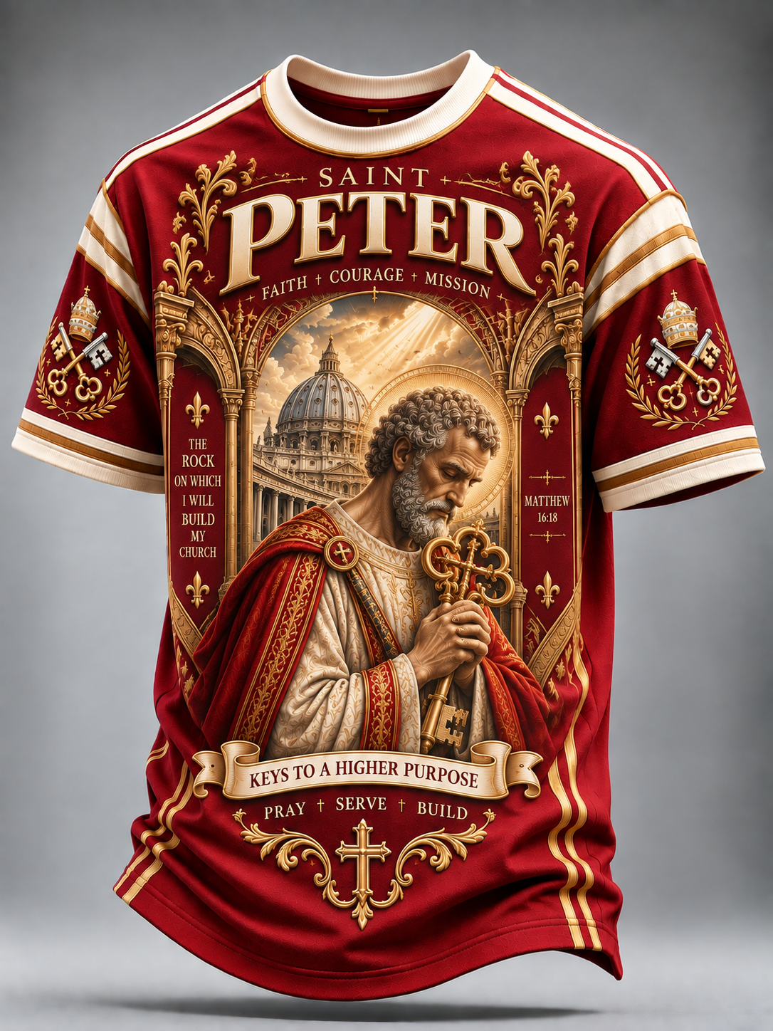 A short-sleeve crewneck t-shirt featuring a detailed graphic print of Saint Peter with a golden key, set against a red and gold design with religious text and ornate baroque-style borders.