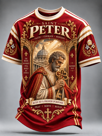 A short-sleeve crewneck t-shirt featuring a detailed graphic print of Saint Peter with a golden key, set against a red and gold design with religious text and ornate baroque-style borders.