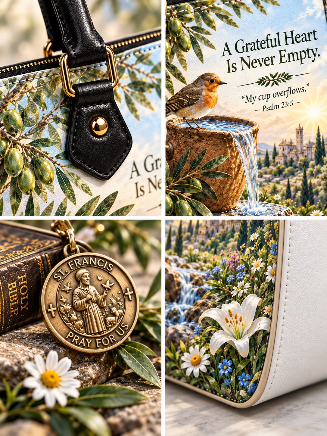A four-panel collage showing a white handbag with a botanical print, a brass St. Francis medallion, a small leather strap with gold hardware, and a scenic print featuring a bird, waterfall, flowers, and the text 'A Grateful Heart Is Never Empty.