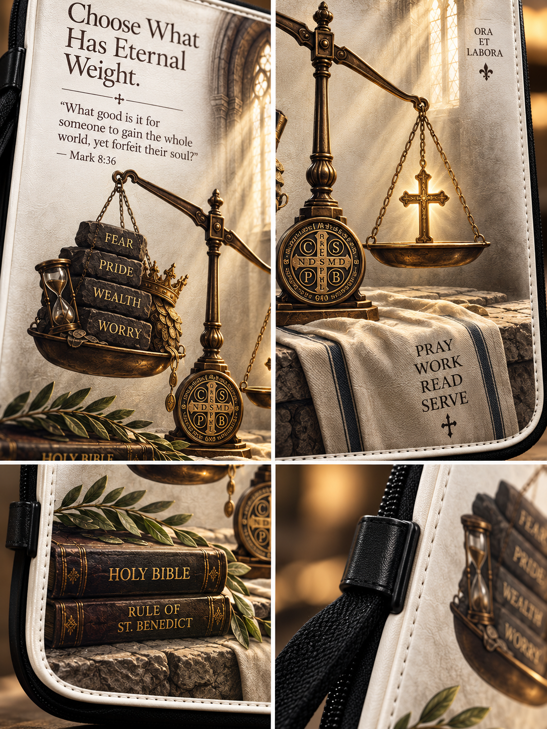 A close-up collage of a phone case or wallet-style accessory featuring a religious design. The design shows a brass balance scale holding a Holy Bible and a cross, with the words 'Choose What Has Eternal Weight,' 'Ora Et Labora,' 'Pray Work Read Serve,' and 'Holy Bible / Rule of St.