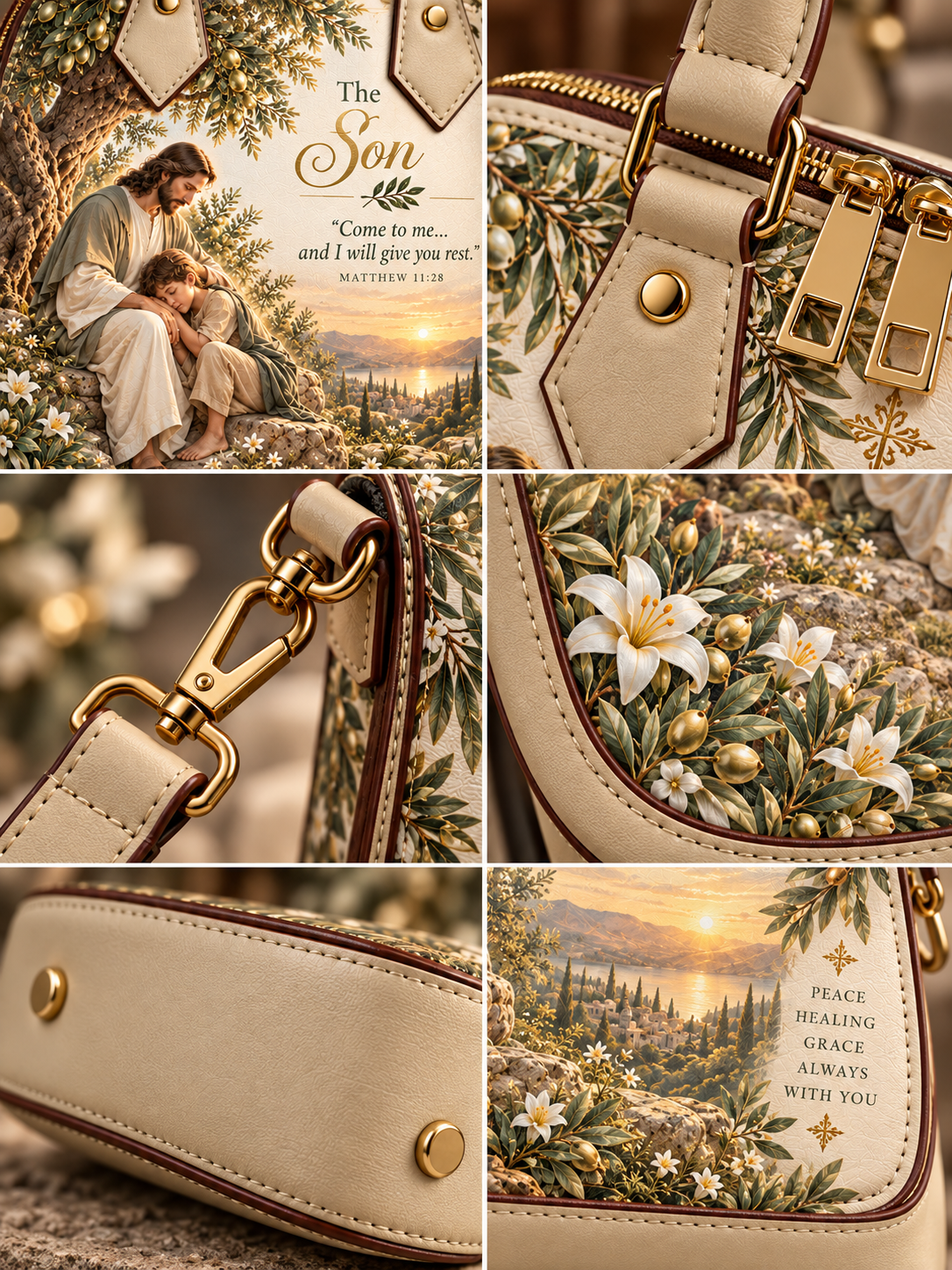 A beige handbag with a detailed religious print of Jesus embracing a child, gold-tone hardware, and floral motifs including lilies and olive branches, shown in a six-panel collage.