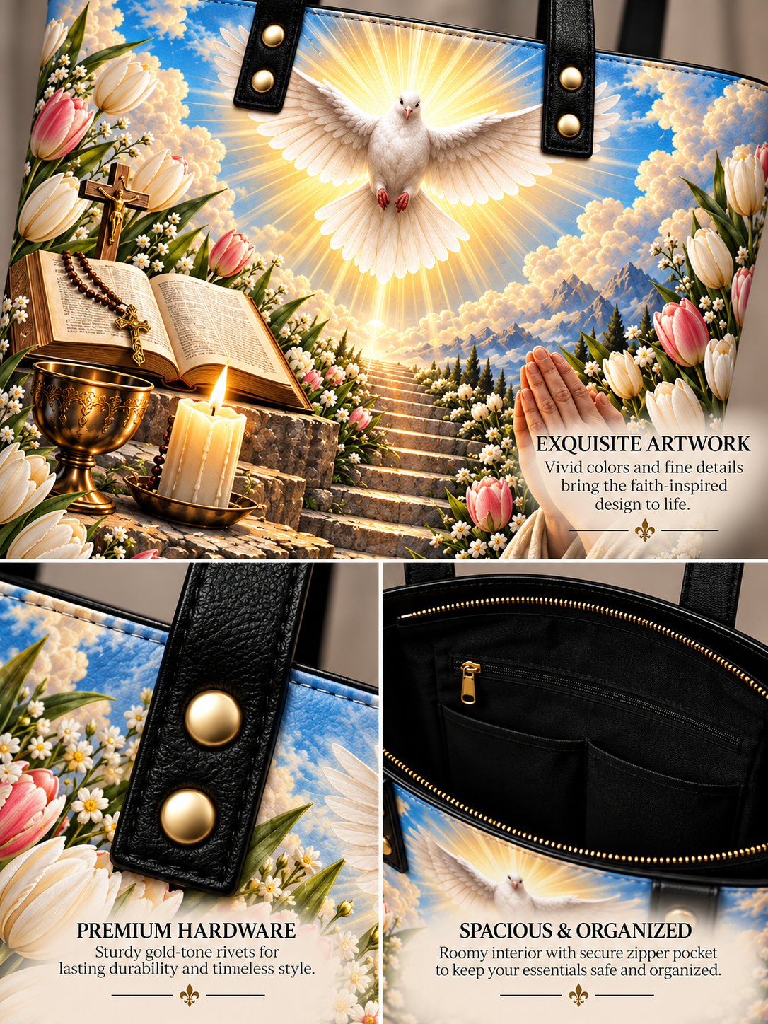 A tote bag with a vivid religious art print showing a white dove, clouds, flowers, an open Bible, a chalice, and a hand of prayer. The bag has black leather handles with gold rivets and is shown in a three-panel layout highlighting the artwork, hardware, and interior.