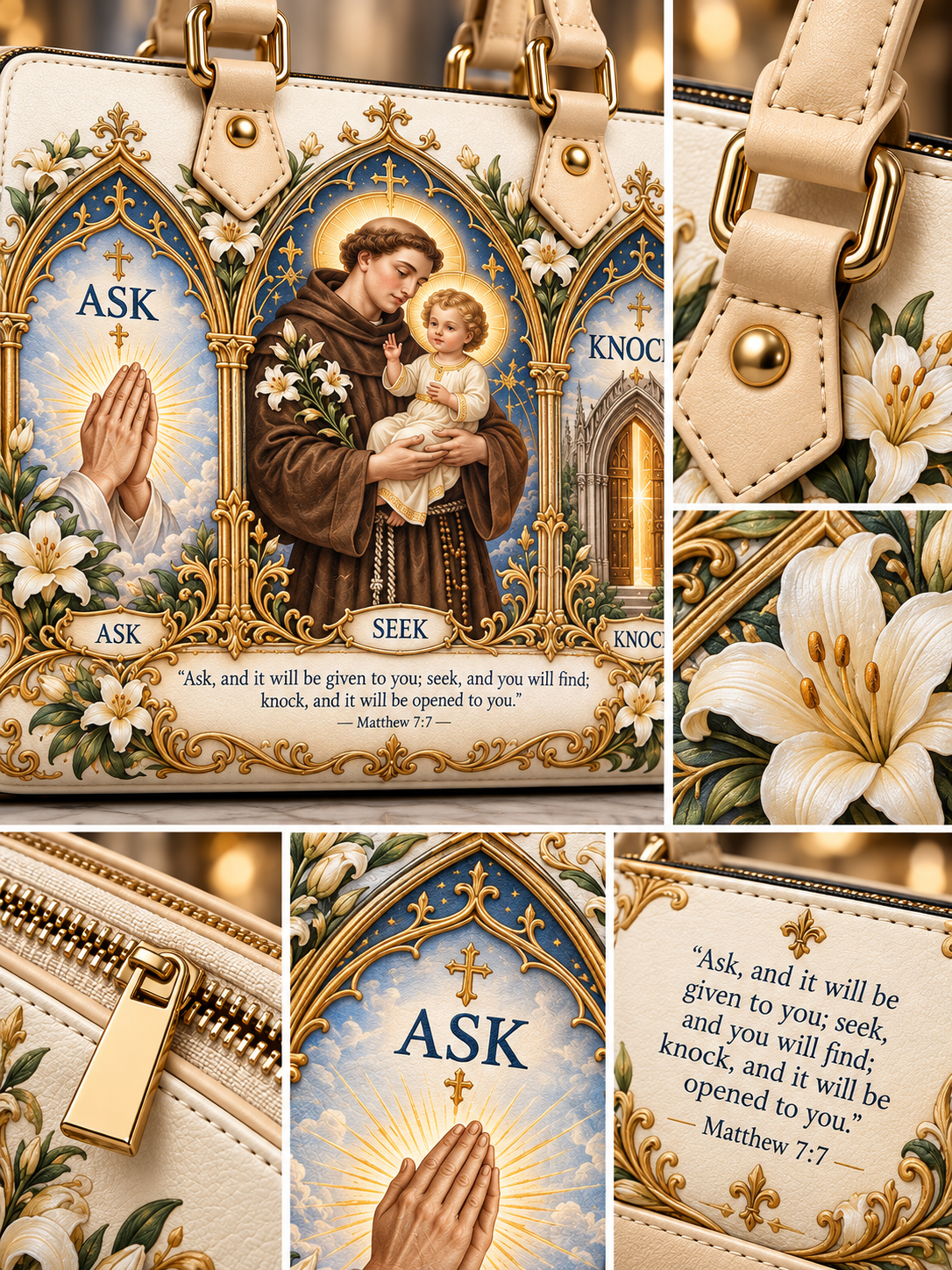 A cream-colored leather handbag with an ornate, baroque-style religious print featuring Saint Francis of Assisi, lilies, and gold-toned hardware. The collage layout shows multiple close-up detail views of the bag, including the main front panel, a gold zipper pull, a white lily flower, and a Bible verse printed on the bag.