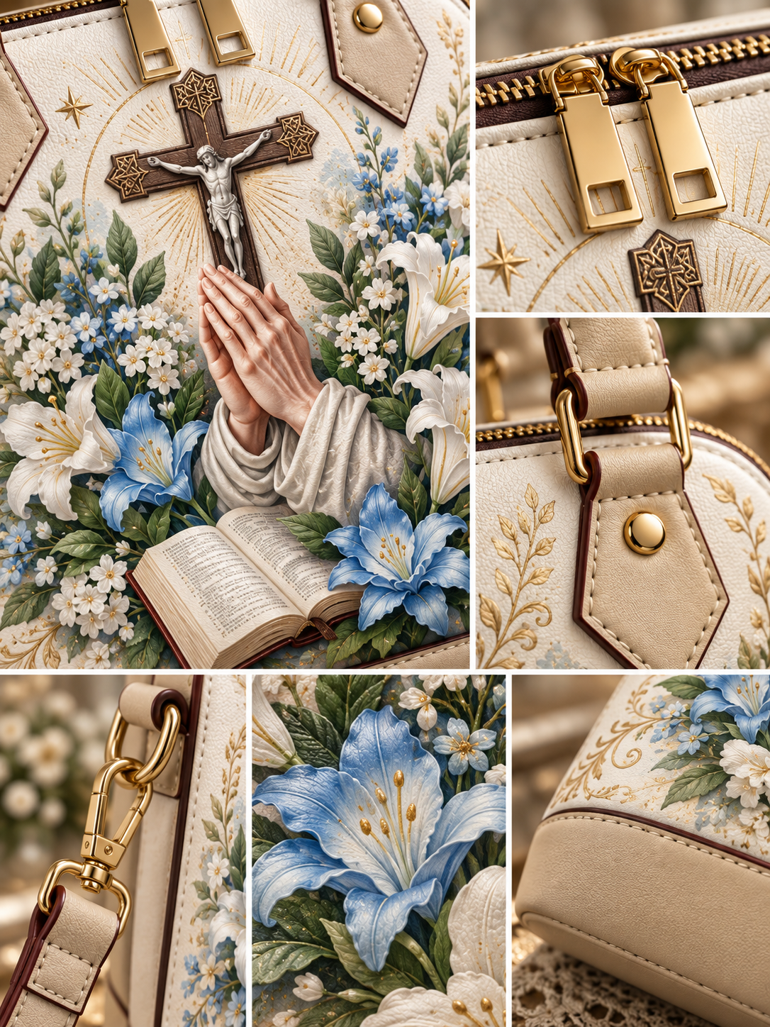 A cream-colored leather handbag with an intricate religious illustration featuring a crucifix, praying hands, blue lilies, an open Bible, and gold-tone hardware, shown in a multi-view collage.