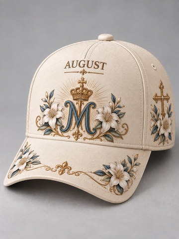 A beige baseball cap with custom embroidery featuring a large monogram 'M' under a crown, the name 'AUGUST', floral motifs, and a cross on the side, set against a neutral gray background.