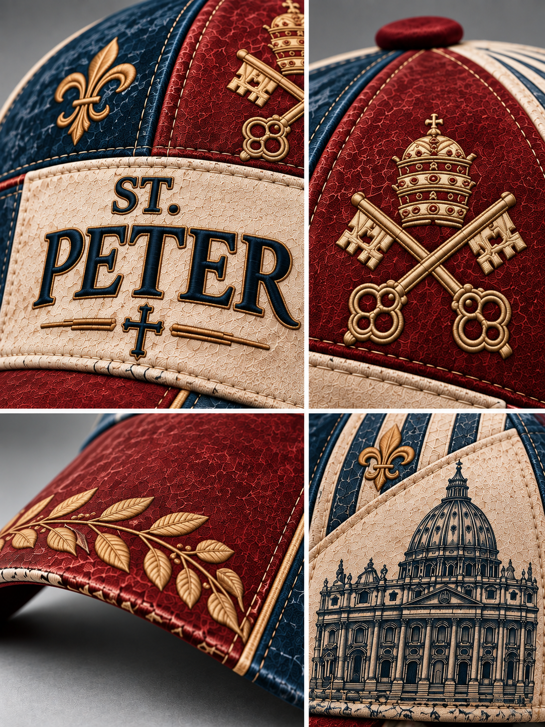A close-up collage of a St. Peter themed cap showing multiple details: a front panel with 'ST.