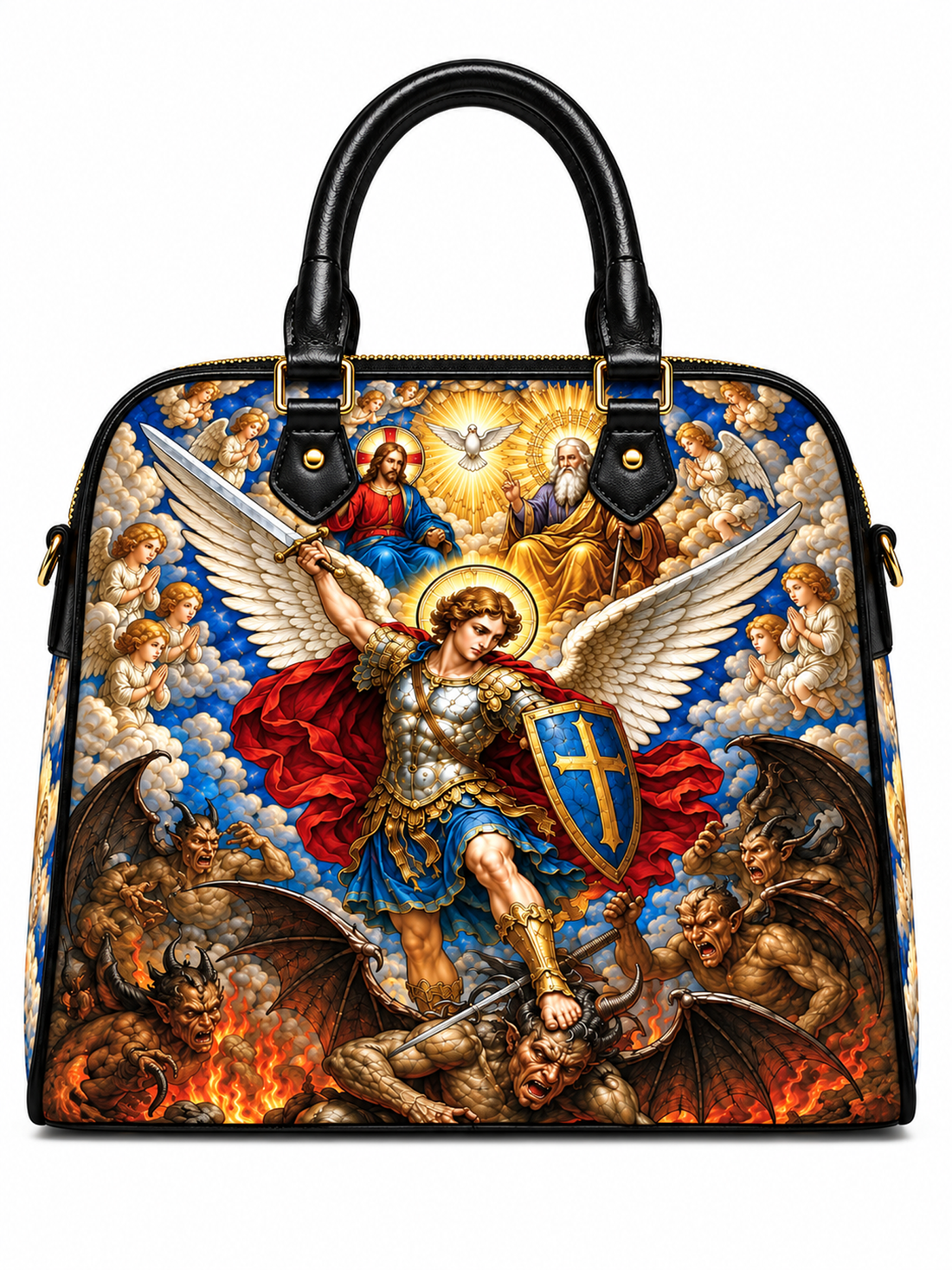 A structured black handbag with a large, detailed religious battle scene printed across the front. The artwork shows a winged saint or angel in armor with a blue and gold shield, surrounded by angels, demons, clouds, and flames.