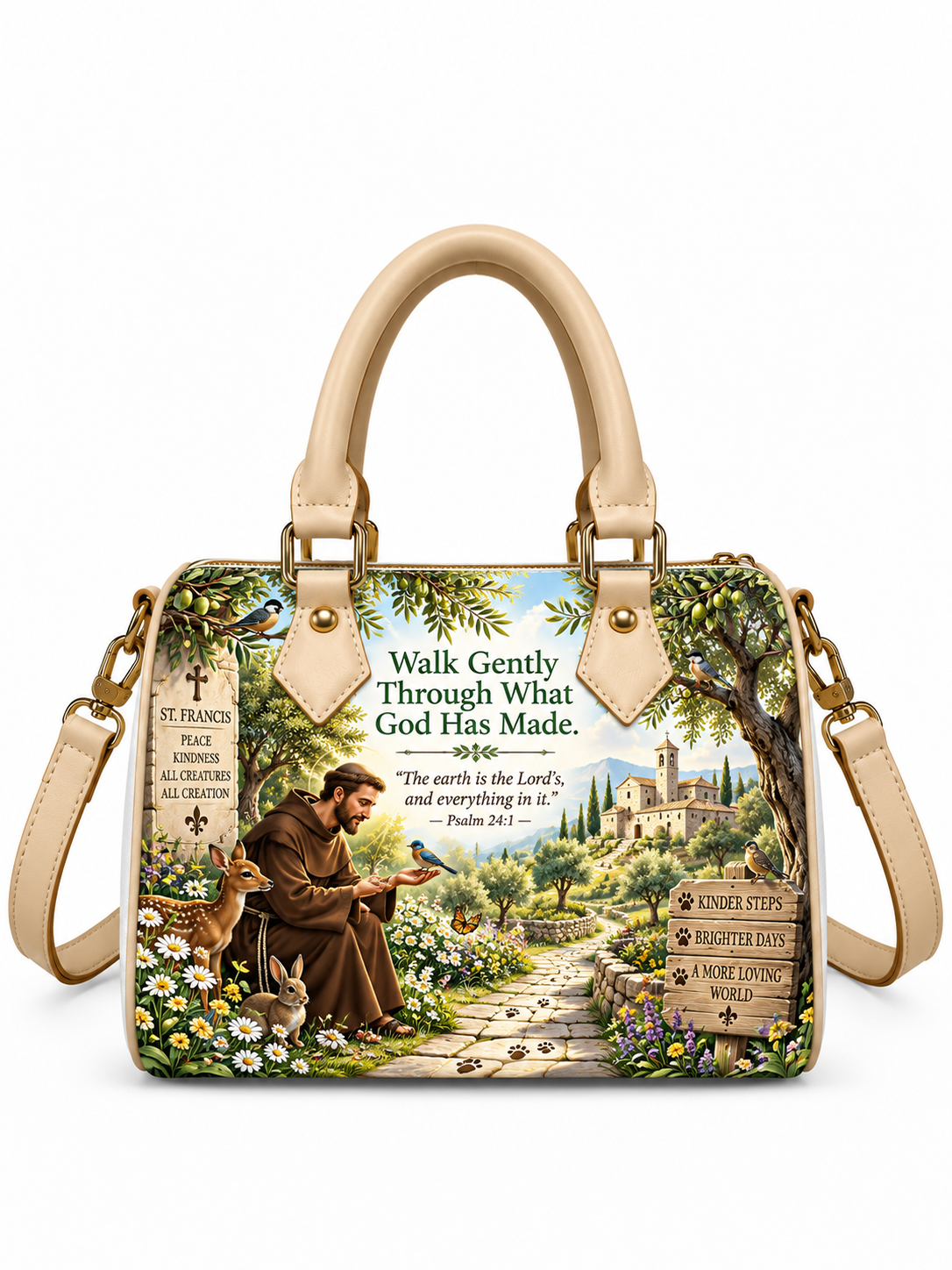 A structured handbag with beige handles and a matching shoulder strap, featuring a detailed printed illustration of Saint Francis of Assisi in a garden scene with flowers, a stone path, a church, and inspirational text.
