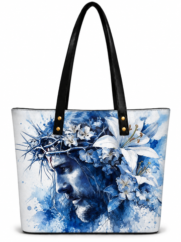 Crown of Thorns Serene Savior Blue Watercolor & Lilies Shoulder Tote Bag