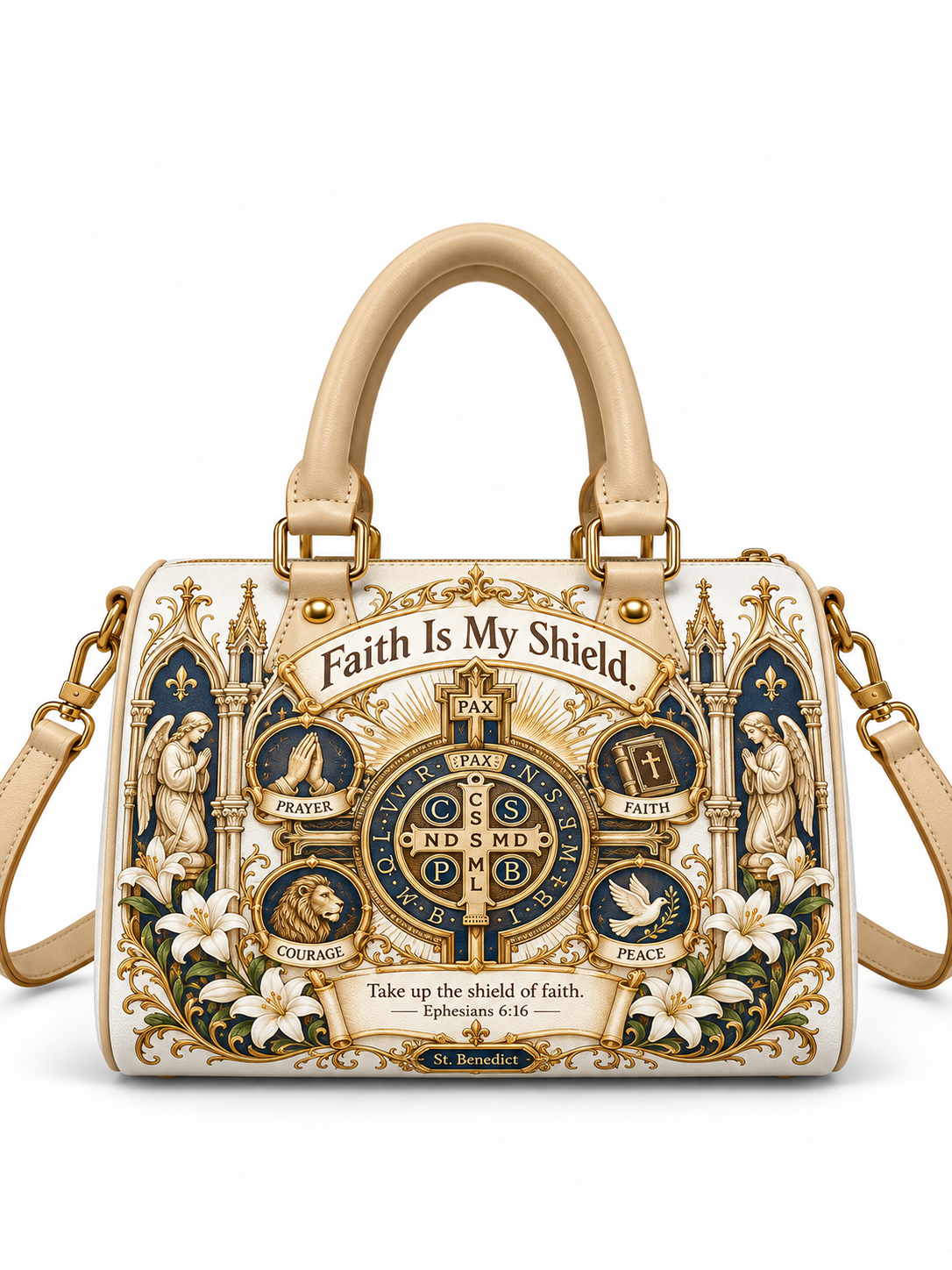 A structured cream-colored handbag with a detailed religious crest design featuring gold, navy blue, and white elements, with the text 'Faith Is My Shield' and 'Ephesians 6:14' printed on the front. The bag has top handles, a shoulder strap, and gold-tone hardware, shown against a plain white background.