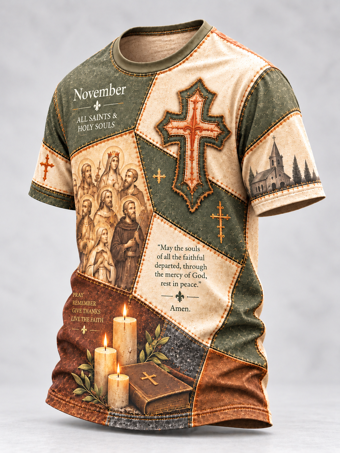 A short-sleeve crewneck t-shirt featuring a detailed, multi-panel religious graphic print. The design combines olive green, beige, and brown patches with illustrations of religious figures, a large central cross, lit candles, a Bible, and scripture text, including 'November' and a Bible verse.