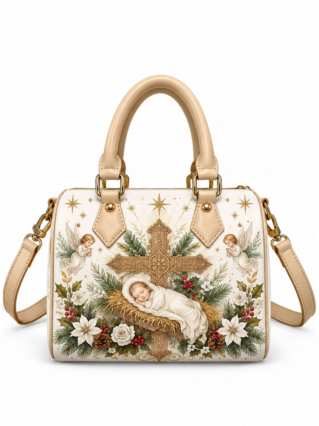 A structured handbag with a cream-colored base and an intricate Christmas nativity print featuring a baby in a manger, a wooden cross, pinecones, holly leaves, and cherubs. The bag has beige leather top handles and a matching shoulder strap with gold-tone hardware.