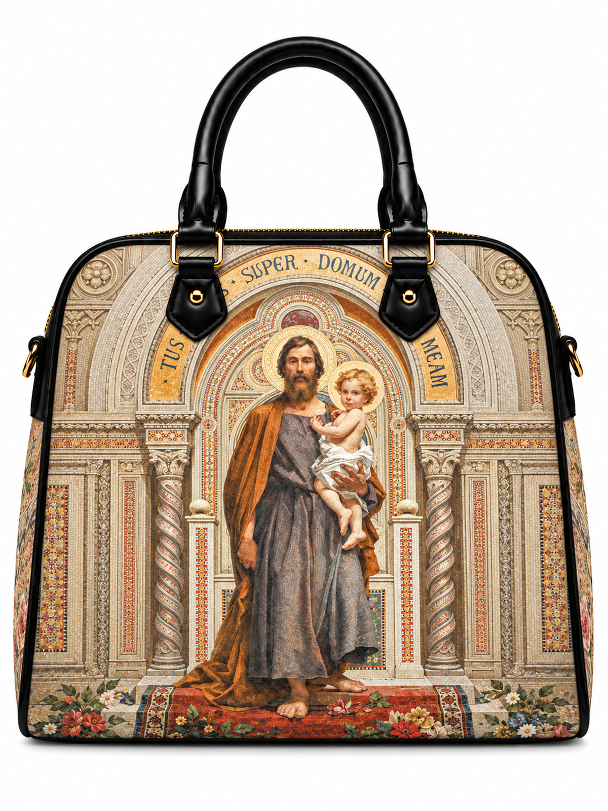 A structured black leather handbag with a large front print depicting Jesus and the child Christ in an ornate classical architectural scene. The bag has double top handles, gold-tone hardware, and is shown against a plain white background.