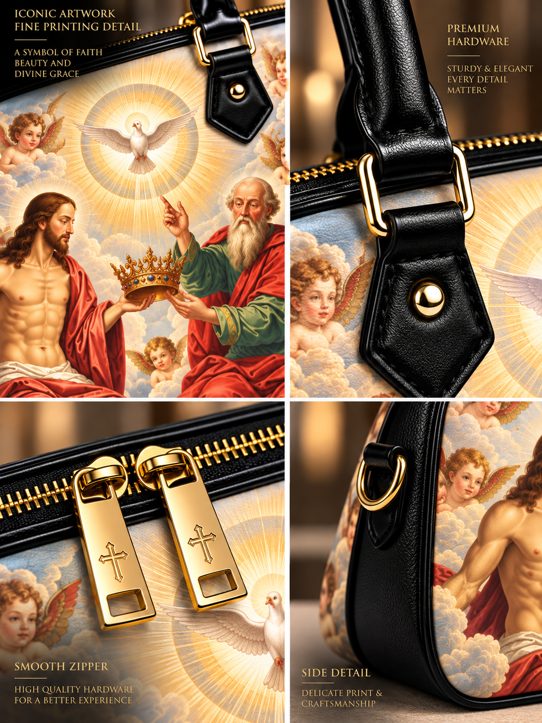 A four-panel product detail collage showing a handbag with a large religious artwork print featuring angels, clouds, and a dove, alongside close-ups of black leather trim, gold hardware, and a smooth gold zipper. Text callouts describe fine printing, premium hardware, and smooth zipper details.
