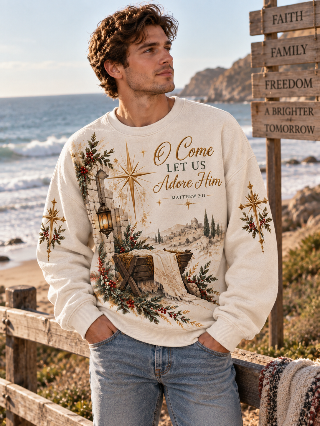A man wearing a cream-colored crewneck sweatshirt with a detailed Christmas-themed graphic print featuring a manger scene, star, lantern, and the text 'O Come Let Us Adore Him' stands on a beach next to a wooden signpost.